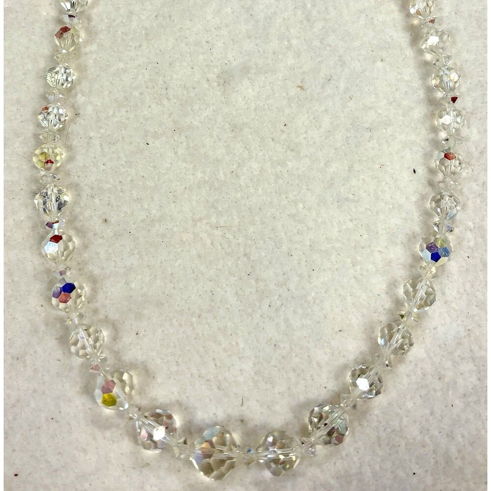 Vintage Aurora Borealis Crystal Necklace 19” Graduated Sterling Silver Clasp